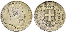 Italien-Sardinien. Vittorio Emanuele II. 1849-1878 
Lira 1855 -Turin-. Pagani 408 (R2), KM 142.1.
sehr selten, fast sehr schön