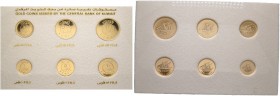 Kuwait. 
6-tlg. Goldmünzensatz, bestehend aus: 1, 5, 10, 20, 50 und 100 Fils 1987. Segelschiff. KM PS 4. Zusammen 39,62 g Feingold. Kleine Auflage
i...