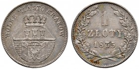Polen-Krakau, Stadt. 
1 Zloty 1835. Kopicki 7859 (R2), Gum. 2577 (als "Silbergulden"), Bitkin 1.
sehr selten in dieser Erhaltung, Prachtexemplar mit...