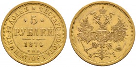Russland. Alexander II. 1855-1881 
5 Rubel 1874 -St. Petersburg-. Bitkin 22, Uzdenikov 263, Fr. 163. 6,58 g
minimale Kratzer, fast vorzüglich