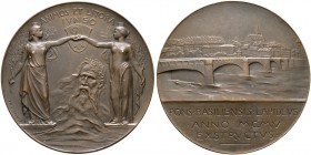 Schweiz-Basel, Stadt und Kanton. 
Bronzemedaille 1905 von H. Frei, auf die Errichtung der Mittleren Brücke über den Rhein. Stadtansicht mit Brücke / ...