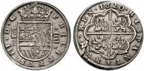 Spanien. Philipp III. 1598-1621 
4 Reales 1620 -Segovia-. CCT 188. -Walzenprägung-
Schrötlingsfehler am Reversrand, leicht verprägt, sehr schön-vorz...