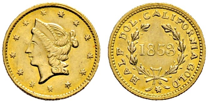 USA. 
1/2 Golddollar (California Gold) 1853. Liberty head. KM 11.3. 0,54 g
min...