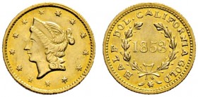 USA. 
1/2 Golddollar (California Gold) 1853. Liberty head. KM 11.3. 0,54 g
minimal gewellt, vorzüglich