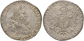 Haus Habsburg. Matthias 1608-1619 
Taler 1617 -Kremnitz-. Belorbeertes Brustbild mit breitem Mühlsteinkragen nach rechts / Gekrönter Doppeladler mit ...