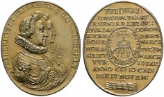 Böhmen, Mähren und Erzgebirge. Friedrich V. von der Pfalz, der "Winterkönig" 1619-1620 
Hochovale, vergoldete Silbermedaille 1619 von Christian Maler...