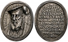 Augsburg, Stadt. 
GALVANO der hochovalen Medaille o.J. (1577) unsigniert (nach einem Modell von Balduin Drentwett), auf den Tod des Feldobersten und ...