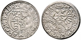 Baden-Durlach. Karl II. 1553-1577 
Halbbatzen zu 2 Kreuzer o.J. Mit Titulatur Kaiser Maximilian II. Wiel. 338.
selten und überdurchschnittlich erhal...