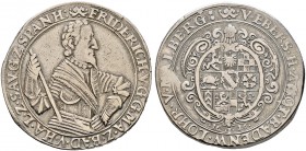 Baden-Durlach. Friedrich V. 1622-1659 
Taler 1626 -Pforzheim-. Variante: Unter dem Hüftbild die kleinen Initialen MS des Münzmeisters Moritz Salander...