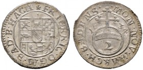 Baden-Durlach. Friedrich V. 1622-1659 
Halbbatzen zu 2 Kreuzer 1634 -Pforzheim-. Wappenschild / Reichsapfel, darin die Wertzahl "2", außen herum die ...