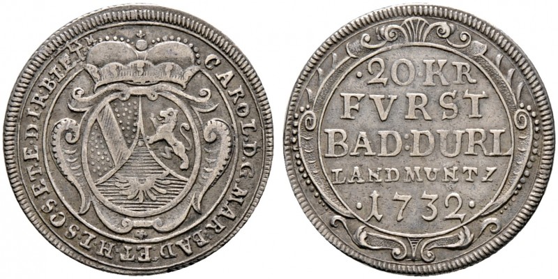 Baden-Durlach. Karl Wilhelm 1709-1738 
20 Kreuzer 1732. Verziertes ovales Wappe...