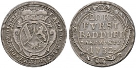 Baden-Durlach. Karl Wilhelm 1709-1738 
20 Kreuzer 1732. Verziertes ovales Wappen unter Fürstenkrone / Fünf Zeilen Schrift mit Wertangabe und Jahresza...