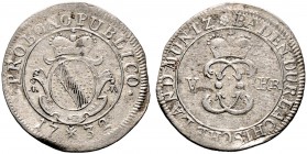 Baden-Durlach. Karl Wilhelm 1709-1738 
5 Kreuzer 1732. Variante: Mit "liegender 9" unten in der Wappenkartusche. Wiel. 649b.
Prägeschwächen, sehr sc...