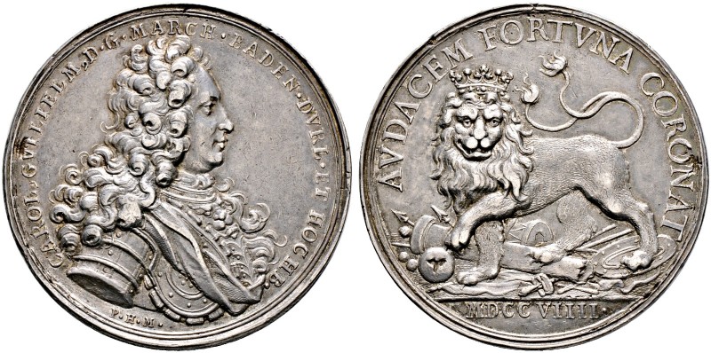 Baden-Durlach. Karl Wilhelm 1709-1738 
Silbermedaille 1709 von P.H. Müller, auf...