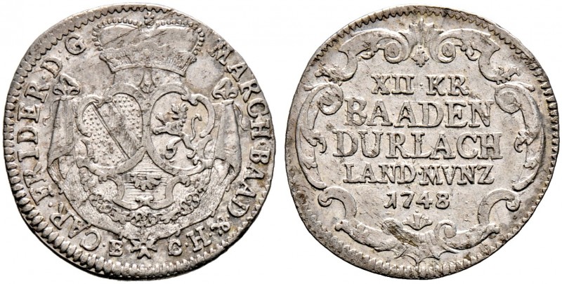 Baden-Durlach. Karl Friedrich 1746-1811 
Dreibätzner zu 12 Kreuzer 1748. Wiel. ...