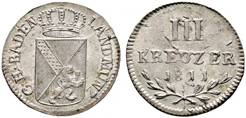 Baden-Durlach. Karl Friedrich 1746-1811 
3 Kreuzer 1811. Wiel. 789, AKS 19, J. ...