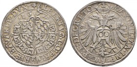 Bayern. Albrecht V. der Großmütige 1550-1579 
Guldentaler zu 60 Kreuzer 1572 -München-. Quadrierter, mit der Vlieskette umlegter Wappenschild, oben d...