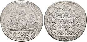 Brandenburg-Ansbach. Friedrich, Albert und Christian 1625-1634 
Taler 1628 (aus 1627 im Stempel geändert) -Nürnberg-. Drei Brustbilder im reich verzi...