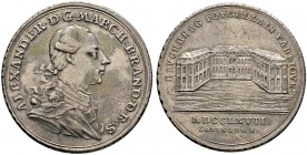 Brandenburg-Ansbach. Alexander 1757-1791 
Silbermedaille im 1/2 Talergewicht 1767 von J.S. Götzinger, auf die Bruckberger Porzellanfabrik. Brustbild ...