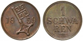 Bremen, Stadt. 
Cu- Schwaren 1859. AKS 13, J. 15.
Prachtexemplar, Stempelglanz aus leicht polierten Stempeln