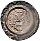 Donauwörth, königliche Münzstätte. Heinrich VI. 1190-1197 
Brakteat. Zwei einander zugewandte Adler, zwischen ihnen ein Kreuzstab auf einer winklig g...