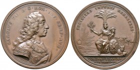 Frankfurt, Stadt. 
Bronzemedaille 1742 von A. Vestner, auf die Kaiserkrönung Karls VII. Brustbild im Harnisch nach rechts / Gekrönte weibliche Figur ...
