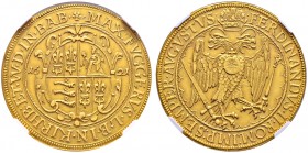 Fugger-Babenhausen-Wellenburg. Maximilian II. 1598-1629 
10 Dukaten 1621 -Babenhausen-. Vierfach geteiltes Wappen (Feld 1+4 Fugger, 2 Kirchberg, 3 We...