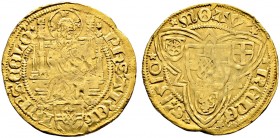Köln, Erzbistum. Philipp II. von Dhaun 1508-1515 
Goldgulden 1510 -Deutz?-. Christus auf gotischem Thron von vorn sitzend über Dhauner Wappenschild /...