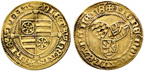 Mainz, Erzbistum. Dietrich II. von Isenburg 1475-1482 
Goldgulden o.J. (1477) -Mainz(?)-. Quadriertes Wappen Mainz/ Isenburg auf Blumenkreuz / Die Wa...