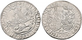 Mansfeld-vorderortische Linie zu Eisleben. Johann Georg I., Peter Ernst I. und Christoph II. 1558-1579 
Zwitter-Taler 1559 -Eisleben-. Tornau 338, Da...