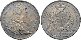 Nassau. Carl August 1737-1753 
Ausbeutetaler 1752 -Weilburg-. Mehlbacher Gruben. Brustbild im Harnisch mit umgelegtem Mantel nach rechts, am Armabsch...
