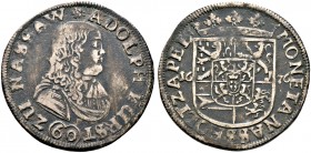 Nassau-Schaumburg-Holzappel. Adolf 1653-1676 
Gulden zu 60 Kreuzer 1676 -Cramberg-. Brustbild im Harnisch mit umgelegtem Mantel und Spitzenjabot nach...