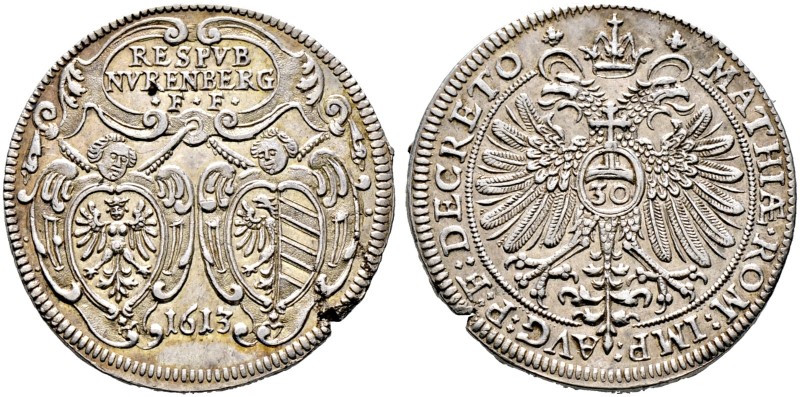 Nürnberg, Stadt. 
1/2 Reichsguldiner zu 30 Kreuzer 1613. Zwei mit Engeln bedeck...