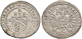 Nürnberg, Stadt. 
Kipper-1/2 Gulden zu 30 Kreuzer 1622. Ähnlich wie vorher, jedoch nun mit Wertangabe XXX. Ke. 187c, Slg. Erl. -.
sehr selten, minim...