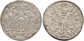 Nürnberg, Stadt. 
Reichsguldiner zu 60 Kreuzer 1623. Zwei Wappen mit Engelsköpfen unter Schriftkartusche / Gekrönter Doppeladler, auf der Brust Reich...