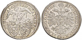 Nürnberg, Stadt. 
Reichsguldiner zu 60 Kreuzer 1629 (im Stempel aus 1628 geändert) Geflügelter Genius über zwei Stadtwappen, unten die Jahreszahl und...