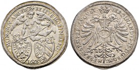 Nürnberg, Stadt. 
1/2 Reichsguldiner zu 30 Kreuzer 1628 (aus 1627 im Stempel geändert). Ähnlich wie vorher, jedoch nun das Münzzeichen oben in der Um...