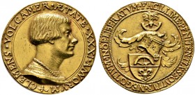 Nürnberg, Stadt. 
Goldmedaille 1526 von Matthes Gebel (unsigniert), auf den Patrizier und Ratsherr Clemens Volckamer. Dessen barhäuptiges Brustbild m...
