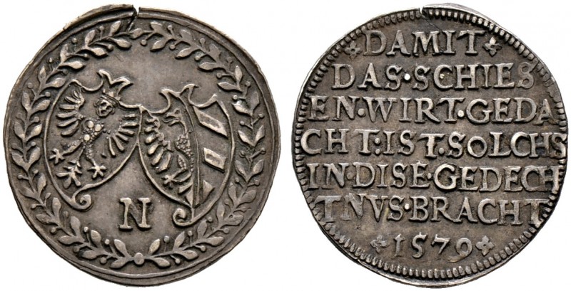Nürnberg, Stadt. 
Silbermedaille 1579 unsigniert, auf das Kranzschiessen. Zweit...