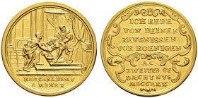 Nürnberg, Stadt. 
Goldmedaille zu 2 Dukaten 1730 von D.S. Dockler, auf die 200-Jahrfeier der Augsburger Konfession. Dem unter einem Baldachin thronen...