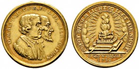 Nürnberg, Stadt. 
Goldmedaille im Gewicht eines Dukaten 1730 von D.S. Dockler, auf den gleichen Anlass. Die Brustbilder von Luther und Melanchthon hi...