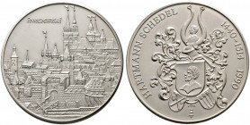 Nürnberg, Stadt. 
Silberne Schraubmedaille 1990 unsigniert, auf die Schedel'sche Chronik. Stadtansicht von Nürnberg / Behelmtes Familienwappen von Sc...
