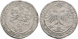 Öttingen. Karl Wolfgang, Ludwig XV. und Martin 1534-1546 
Taler 1541. Behelmtes Wappen zwischen der geteilten Jahreszahl mit großer Bracken-Helmzier ...