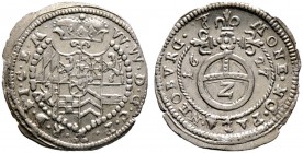 Pfalz-Neuburg. Wolfgang Wilhelm 1614-1653 
2 Kreuzer (Halbbatzen) 1627 -Kallmünz-. Münzmeister Georg Thomas Paur. Mehrfeldiges Wappen. Noss 368ff, Sl...