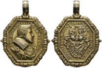 Pfalz-Zweibrücken. Johann II. 1604-1635 
Oktogonale, vergoldete Silbermedaille 1610 von Francois Briot, auf die Führung der Vormundschaft für Friedri...