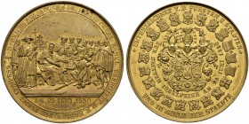 Sachsen-Albertinische Linie. Anton 1827-1836 
Vergoldete Bronzemedaille 1830 von Chr. Pfeuffer, auf das Konfessionsjubiläum. Die Übergabe der Confess...