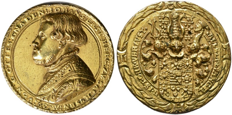 Sachsen-Coburg. Johann Ernst 1541-1553 
Altvergoldete Bronzemedaille 1550 unsig...