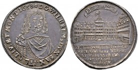 Sachsen-Neu-Weimar. Wilhelm 1640-1662 
1/2 Taler 1658 -Weimar-. Auf die Einweihung der neuen Schlosskirche. Brustbild im Harnisch mit großer Löwenkop...