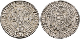 Stolberg-Königstein. Ludwig II. 1535-1574 
Guldiner 1546 -Nördlingen-. Blumenkreuz mit fünf Wappen / Gekrönter Doppeladler mit Brustschild sowie Titu...