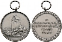 Wangen (Allgäu), Stadt. 
Tragbare, versilberte Bronzemedaille 1928 von Poellath, auf das 4. Bezirksschießen in Deuchelried- Wangen. Ansicht der Burg ...